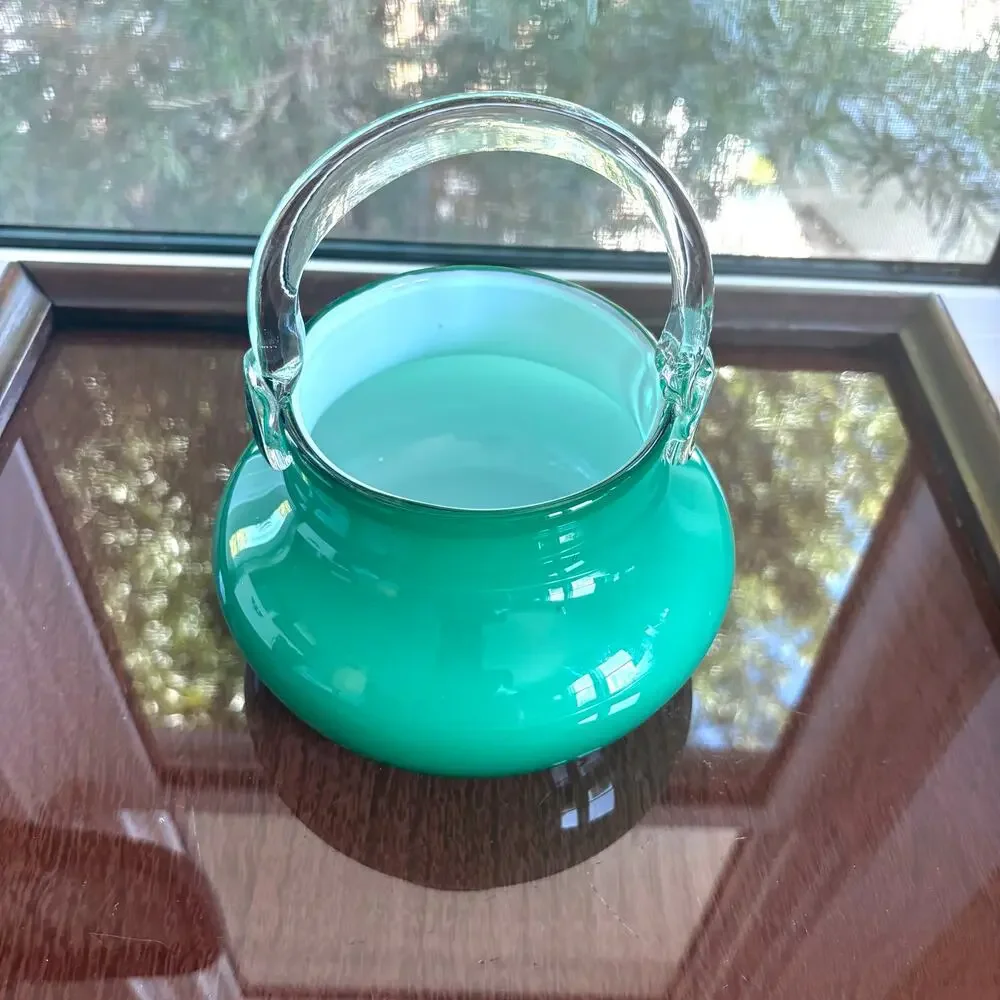 Vintage Polish Green Cased Glass Basket White Interior 7 Inch Vase